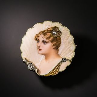 Art Nouveau Enamel Portrait and Diamond Pin - 2