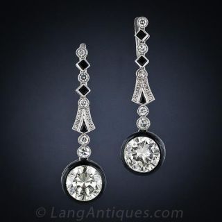 6.10 Carat Art Deco Diamond and Black Enamel Drop Earrings - 1