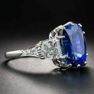 7.18 Carat No-Heat Cushion-Cut Sapphire and Diamond Ring