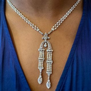 Edwardian Natural Pearl Diamond Platinum Sautoir Necklace