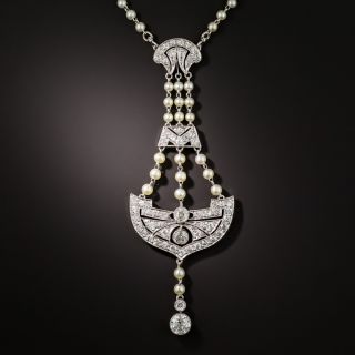 Edwardian Diamond and Natural Pearl Lavalière Necklace  - 1