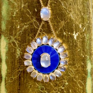  Vintage Moonstone and Blue Enamel Lavalier by Allsopp-Steller