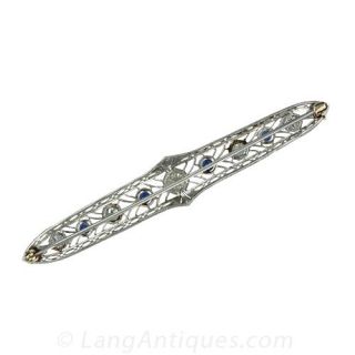 Alternating Sapphire and Diamond Filigree Bar Pin