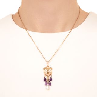 Antique Amethyst Briolette and Freshwater Pearl Lavalière Necklace