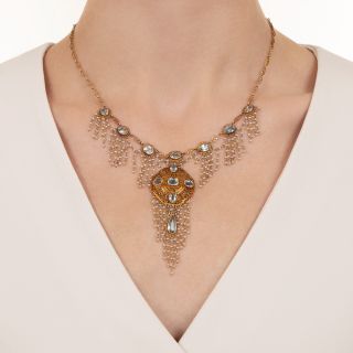 Antique Aquamarine and Pearl Cannetille Fringe Necklace, Circa 1900