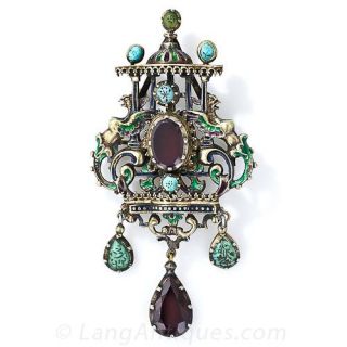 Antique Austro-Hungarian Silver, Garnet, Turquoise and Enamel Brooch