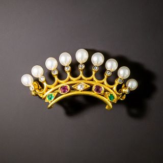Antique Bailey, Banks & Biddle Pearl and Gem Crown Brooch - 2