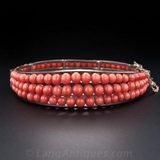 Antique Coral Silver Bangle Bracelet