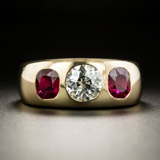 Antique Diamond and No-Heat Burmese Ruby Three-Stone Ring by T.B. Starr - 3