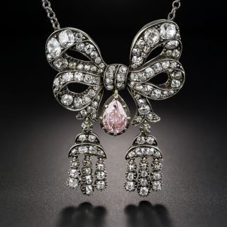 Antique Diamond Bow Necklace with Light Pink Diamond Drop