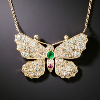 Antique Diamond, Emerald and Ruby Butterfly Necklace - 2