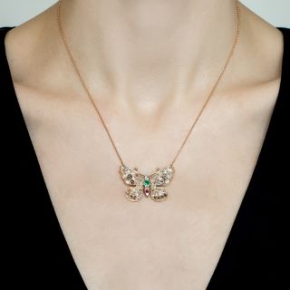 Antique Diamond, Emerald and Ruby Butterfly Necklace
