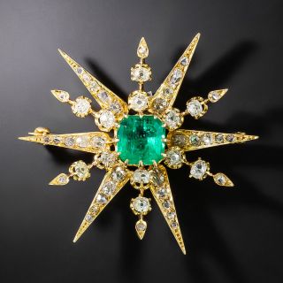 Antique Emerald and Diamond Starburst Brooch - 2