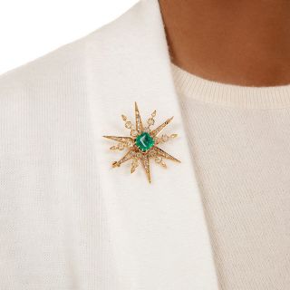 Antique Emerald and Diamond Starburst Brooch