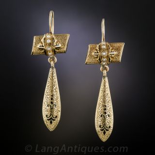Antique Gold, Enamel and Pearl Drop Earrings