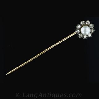 Antique Natural Pearl and Diamond Stickpin Main View