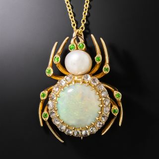 Antique Opal, Diamond, Pearl and Demantoid Garnet Spider Pendant/Brooch - 2