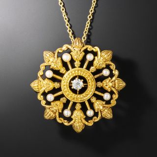  Antique Pearl and Diamond Circle Pendant/Brooch by Krementz - 2