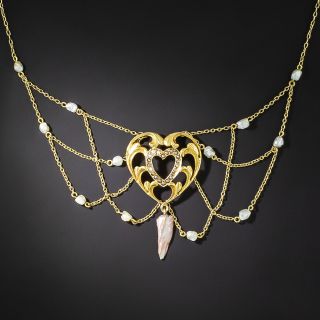 Antique Pearl and Diamond Heart Necklace - 3