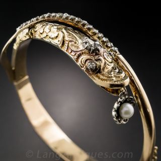 Antique Rose-Cut Diamond and Pearl Snake Bangle Bracelet