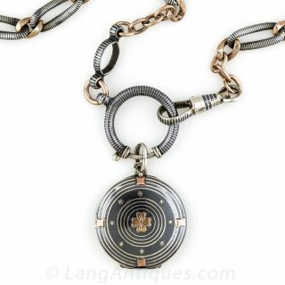 Antique Silver Niello and Rose Gold Locket and Chain