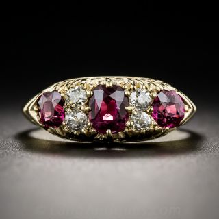 Antique Three Stone No-Heat Ruby and Diamond English Carved Ring
