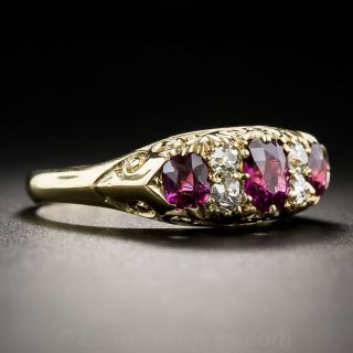 Antique Three Stone No-Heat Ruby and Diamond English Carved Ring