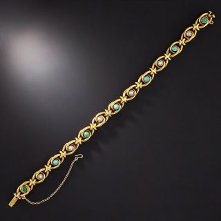 Antique Turquoise and Pearl Link Bracelet, French - 1