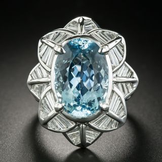 Aquamarine and Baguette Diamond Flower Ring - 2
