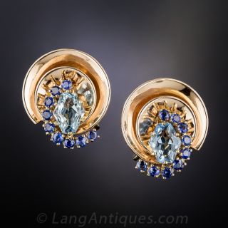 Aquamarine and Sapphire Retro Earrings  - 2