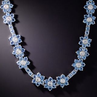 Aquamarine and White Sapphire Flower Necklace - 1