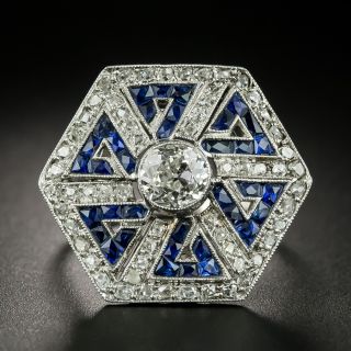 Art Deco 1.00 Carat Center Diamond and Calibre Sapphire Hexagonal Ring - 1