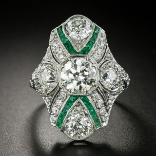 Art Deco 1.28 Carat Center Diamond and Calibre Emerald Dinner Ring - GIA - 2