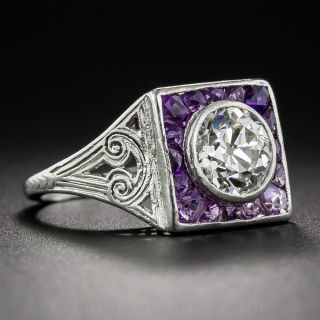 Art Deco 1.35 Carat Diamond and Calibre Amethyst Ring, Size 4 1/4 - 1