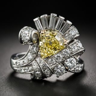 Art Deco 1.53 Carat Intense Fancy Yellow, Platinum and Diamond Cocktail Ring - 7