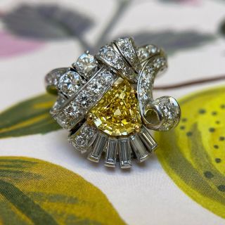 Art Deco 1.53 Carat Intense Fancy Yellow, Platinum and Diamond Cocktail Ring