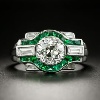 Art Deco 1.81 Carat Diamond and Calibre Emerald Engagement Ring - GIA H SI1 - 3
