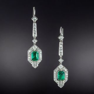 Art Deco 2.00 Carat Total Emerald and Diamond Drop Earrings  - 2