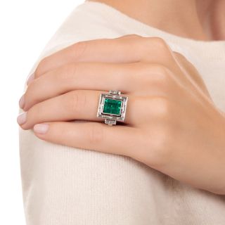 Art Deco 2.90 Carat Emerald and Baguette Diamond Ring - AGL