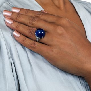 Art Deco 29 Carat Burmese No-Heat Cabochon Sapphire Diamond  Platinum Ring