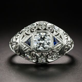 Art Deco .43 Carat Diamond and Sapphire Engagement Ring - GIA F SI1 - 3