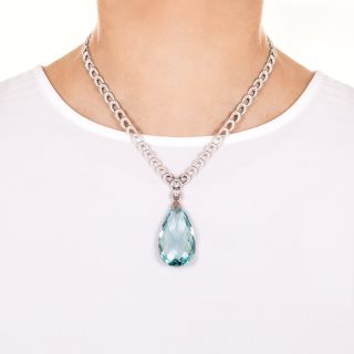 Art Deco 50.00 Carat Briolette Aquamarine and Diamond Drop Necklace