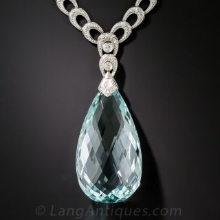 Art Deco 55 Carat Briolette Aquamarine and Diamond Drop Necklace - 1