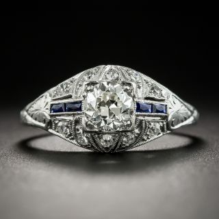 Art Deco .60 Carat Diamond Platinum Engagement Ring with Calibre Sapphires - 2
