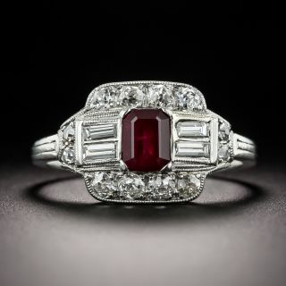 Art Deco .73 Carat Emerald-Cut Ruby and Diamond Ring - 2