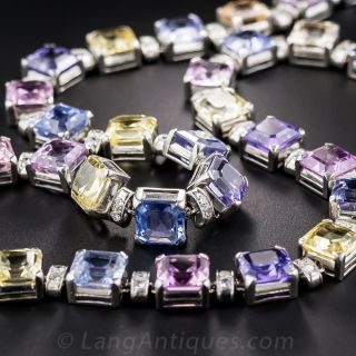 Art Deco 75 Carat Multi-Color Natural No-Heat Sapphire and Diamond Necklace - 5