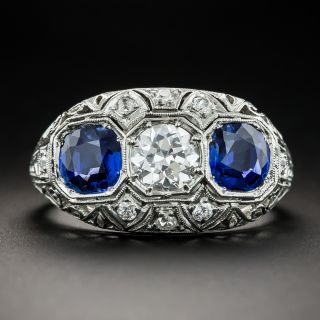 Art Deco .77 Carat Diamond and No-Heat Sapphire Ring - GIA E VS2 - 2