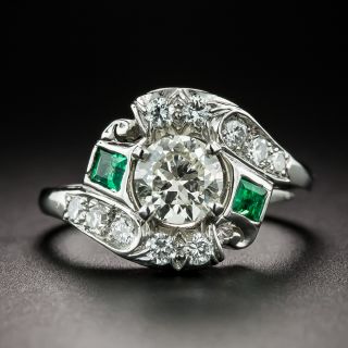 Art Deco .81 Carat Diamond and Emerald Engagement Ring - GIA OP VS2 - 3