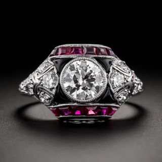 Art Deco .88 Carat Diamond, Ruby and Onyx Ring - 2