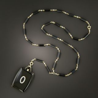 Art Deco Black Enamel and Diamond Locket Necklace by Levitt & Co. - 7